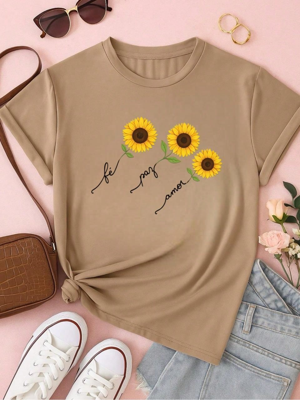 Blusa Feminina 100% Algodão  com Estampa Girassol – Fé Paz Amor, Estampa Premium P M G GG