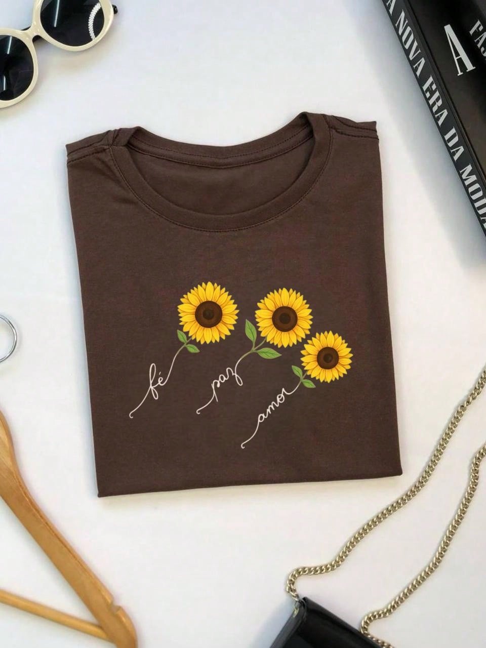Blusa Feminina 100% Algodão  com Estampa Girassol – Fé Paz Amor, Estampa Premium P M G GG