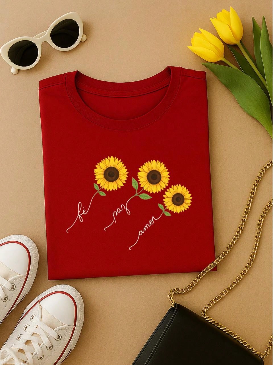 Blusa Feminina 100% Algodão  com Estampa Girassol – Fé Paz Amor, Estampa Premium P M G GG