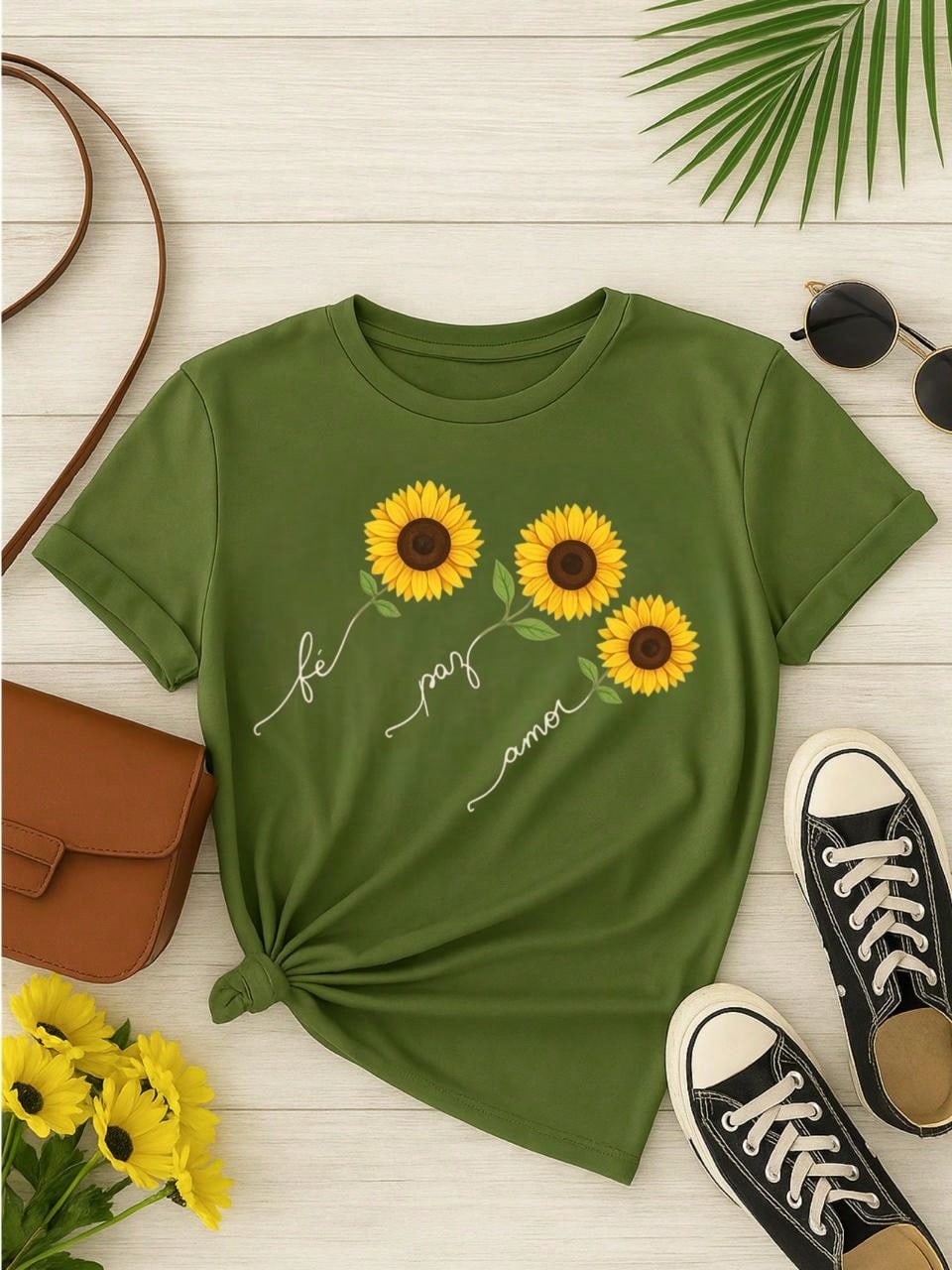 Blusa Feminina 100% Algodão  com Estampa Girassol – Fé Paz Amor, Estampa Premium P M G GG