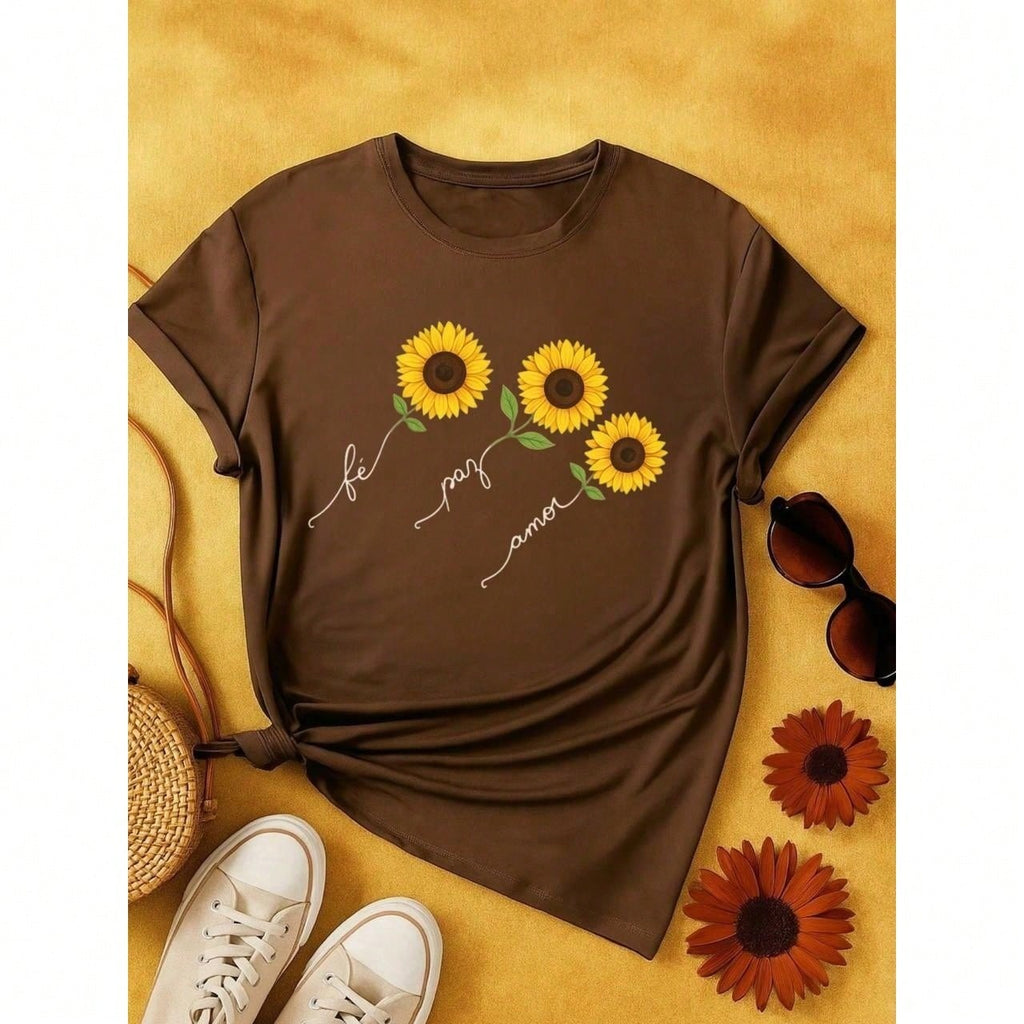 Blusa Feminina 100% Algodão  com Estampa Girassol – Fé Paz Amor, Estampa Premium P M G GG