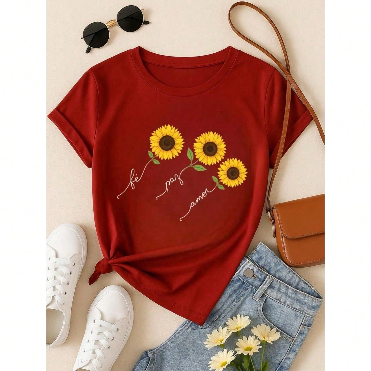 Blusa Feminina 100% Algodão  com Estampa Girassol – Fé Paz Amor, Estampa Premium P M G GG