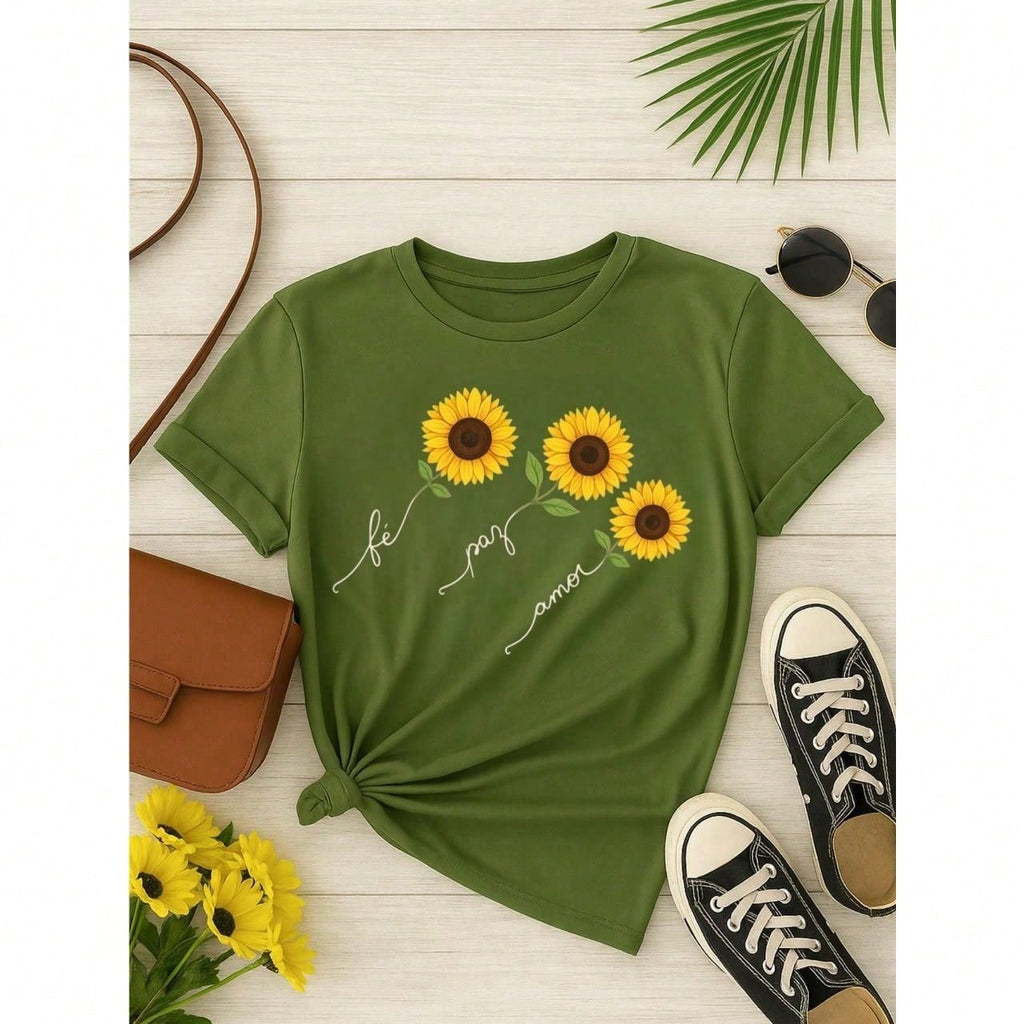 Blusa Feminina 100% Algodão  com Estampa Girassol – Fé Paz Amor, Estampa Premium P M G GG
