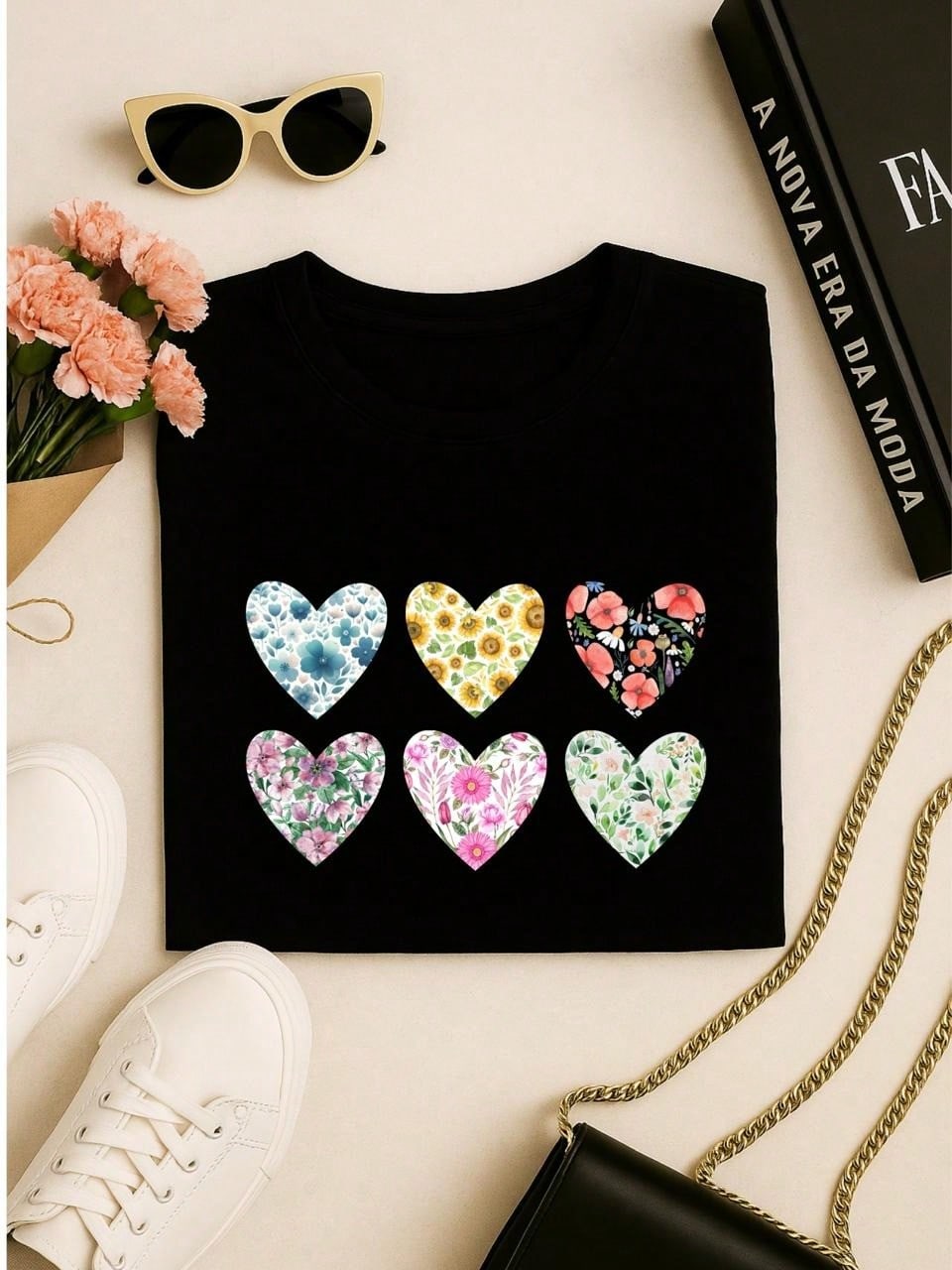 Blusa Feminina 100% Algodão Baby Look Estampa Corações Florais – Conforto, Estilo e Qualidade