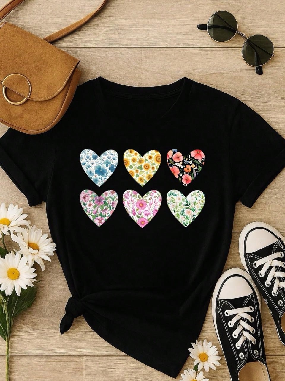 Blusa Feminina 100% Algodão Baby Look Estampa Corações Florais – Conforto, Estilo e Qualidade