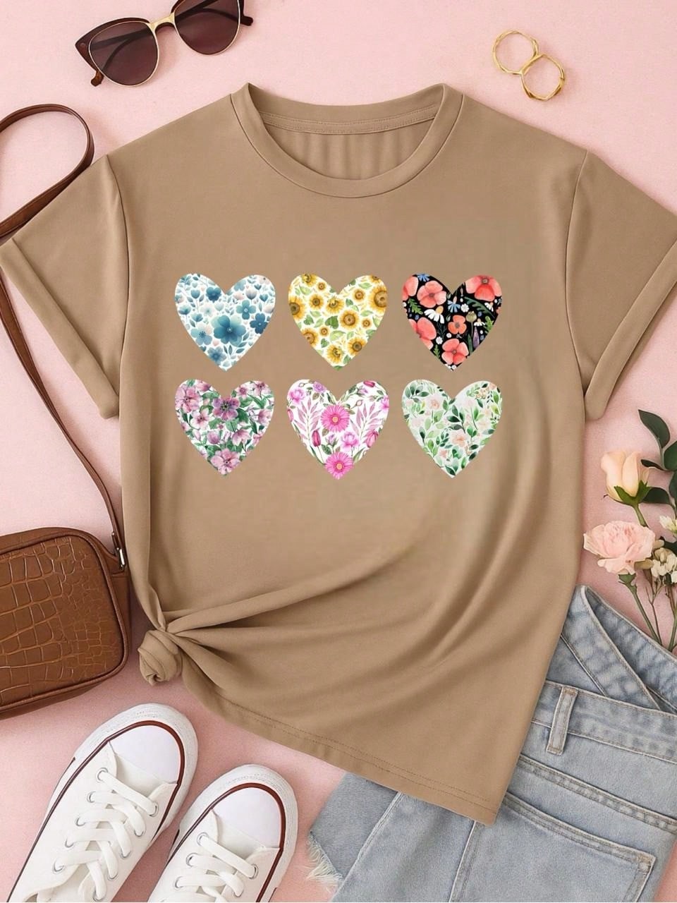 Blusa Feminina 100% Algodão Baby Look Estampa Corações Florais – Conforto, Estilo e Qualidade