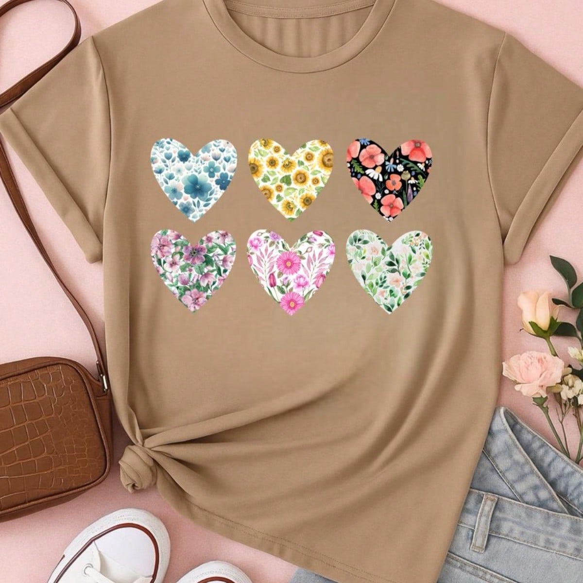 Blusa Feminina 100% Algodão Baby Look Estampa Corações Florais – Conforto, Estilo e Qualidade