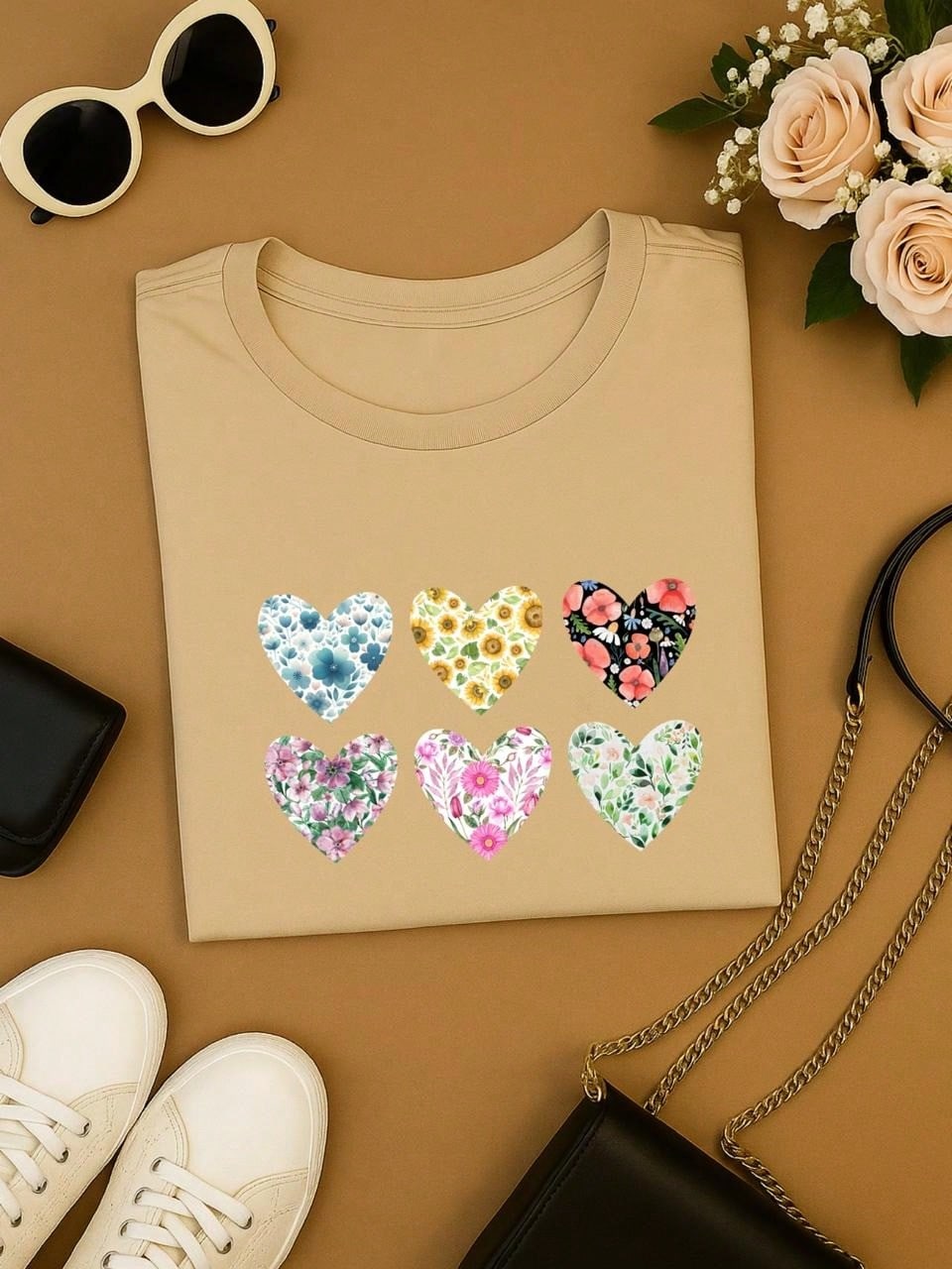 Blusa Feminina 100% Algodão Baby Look Estampa Corações Florais – Conforto, Estilo e Qualidade