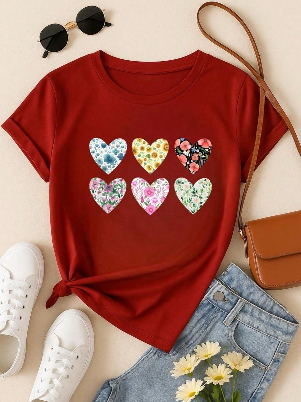 Blusa Feminina 100% Algodão Baby Look Estampa Corações Florais – Conforto, Estilo e Qualidade