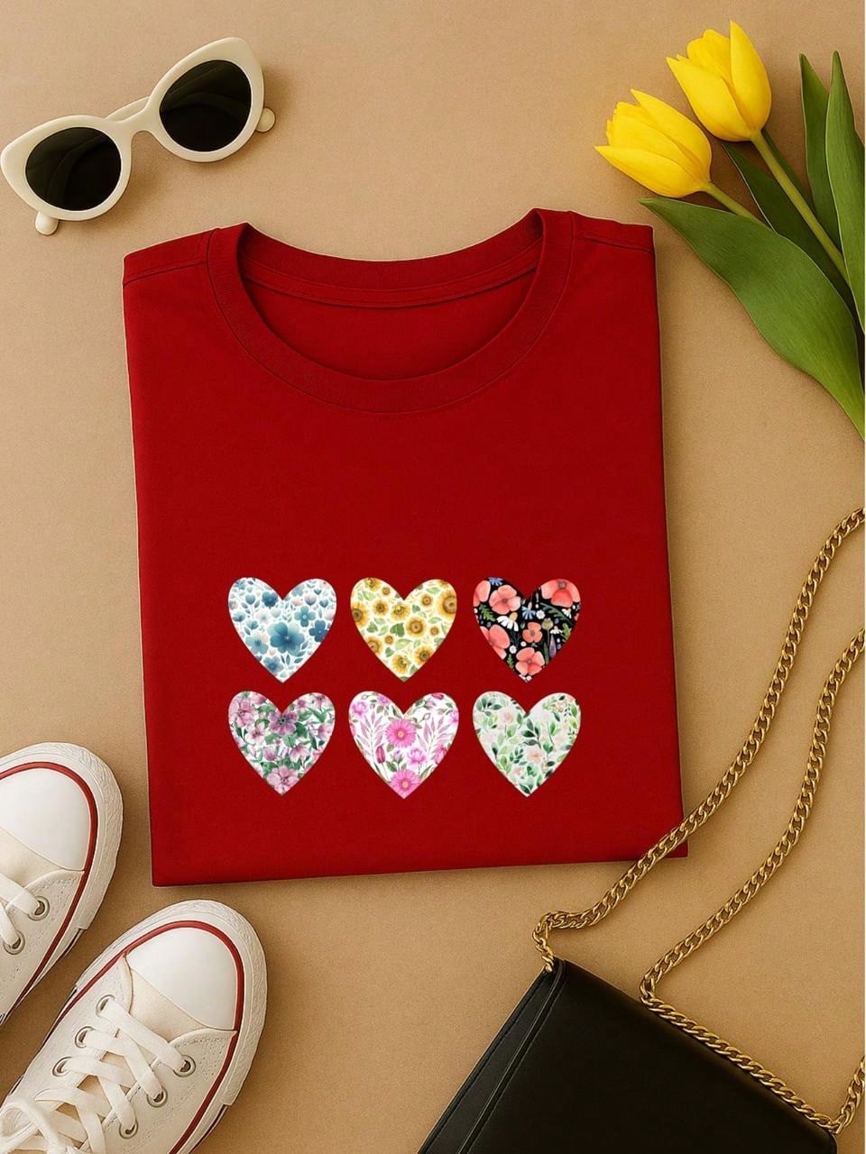 Blusa Feminina 100% Algodão Baby Look Estampa Corações Florais – Conforto, Estilo e Qualidade