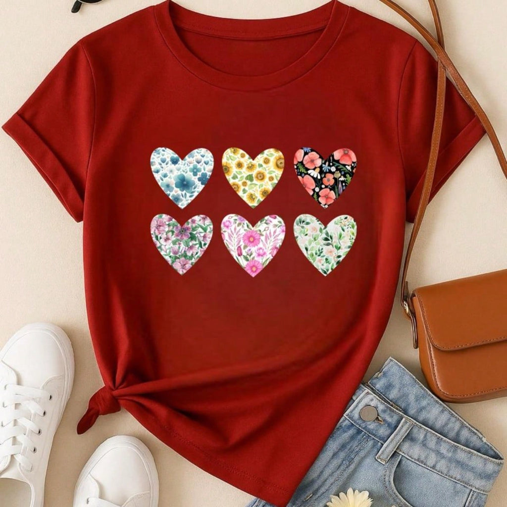 Blusa Feminina 100% Algodão Baby Look Estampa Corações Florais – Conforto, Estilo e Qualidade