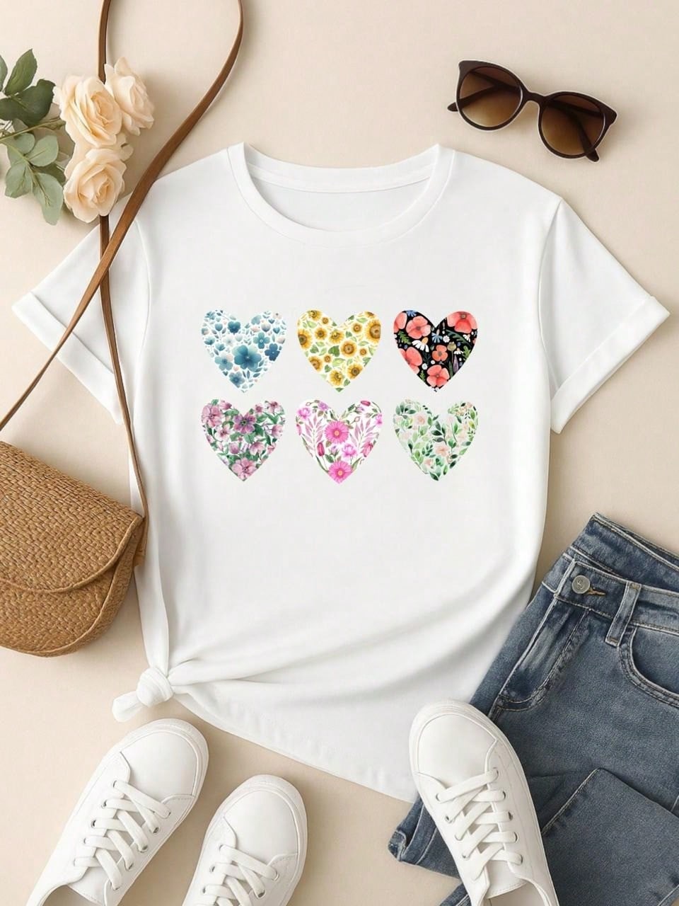 Blusa Feminina 100% Algodão Baby Look Estampa Corações Florais – Conforto, Estilo e Qualidade