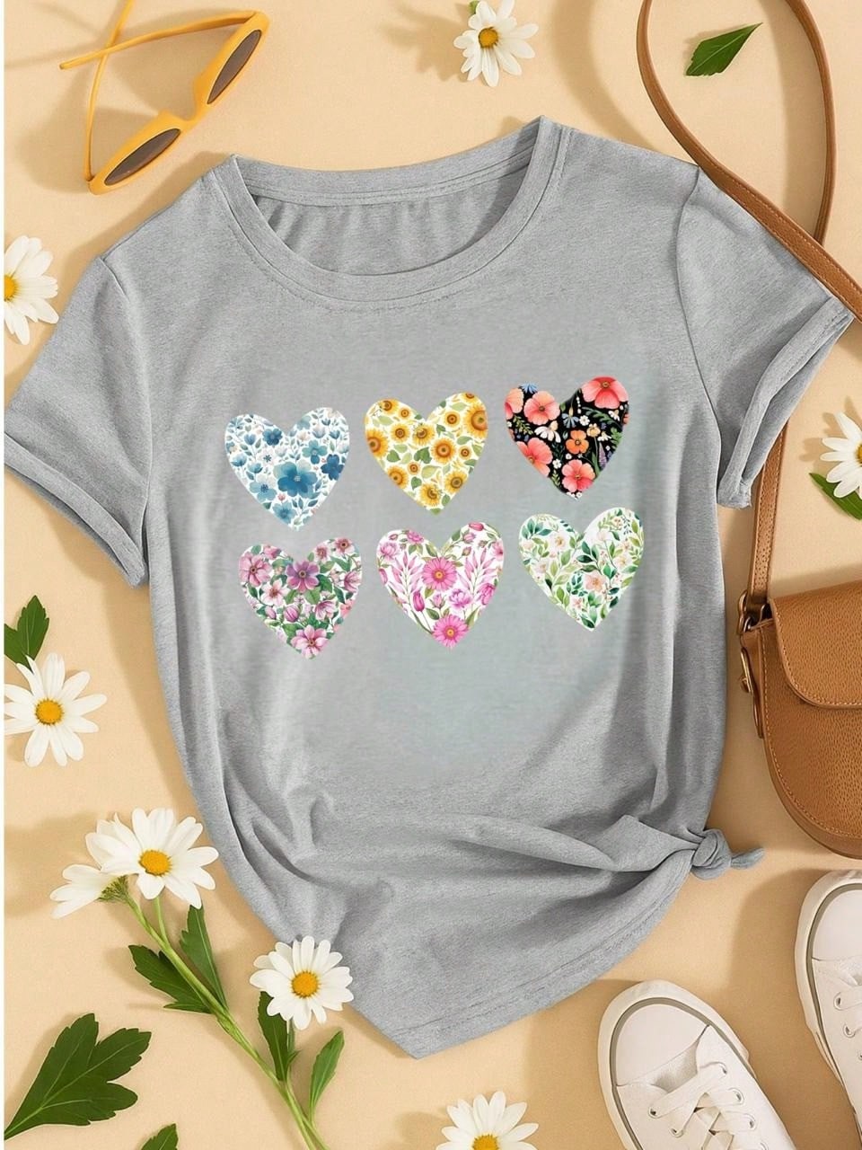 Blusa Feminina 100% Algodão Baby Look Estampa Corações Florais – Conforto, Estilo e Qualidade