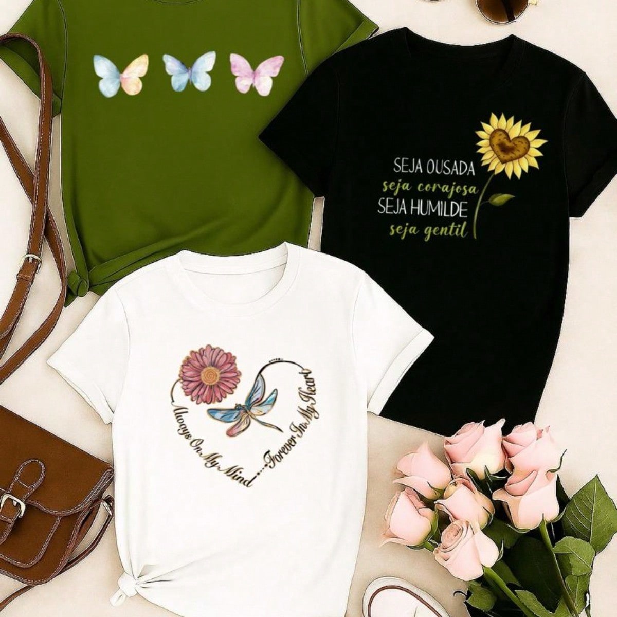 Kit 3 Camisetas Femininas Algodão Premium – Baby Look Estampada – P ao GG