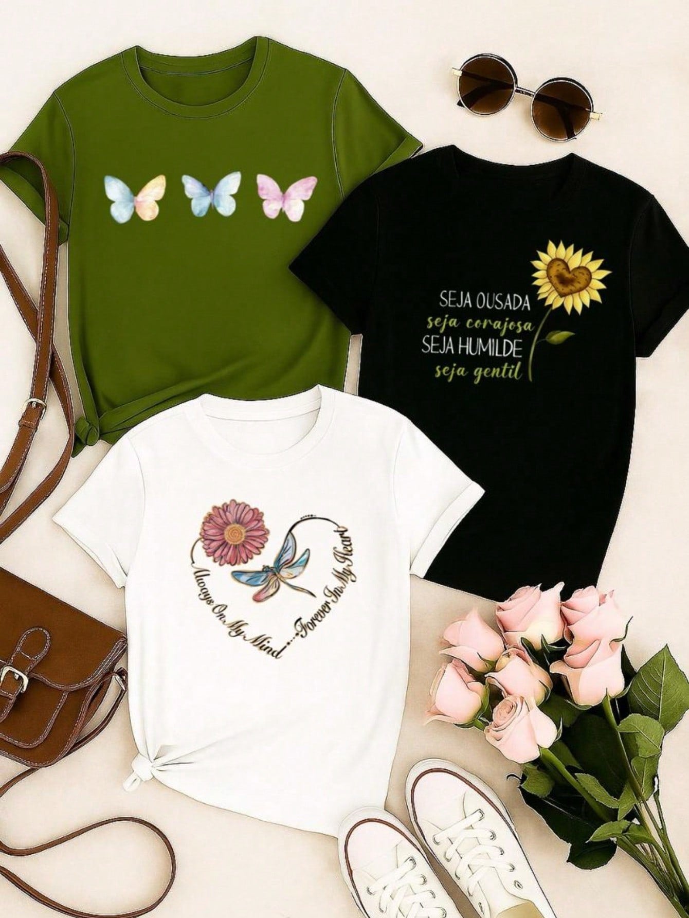 Kit 3 Camisetas Femininas Algodão Premium – Baby Look Estampada – P ao GG