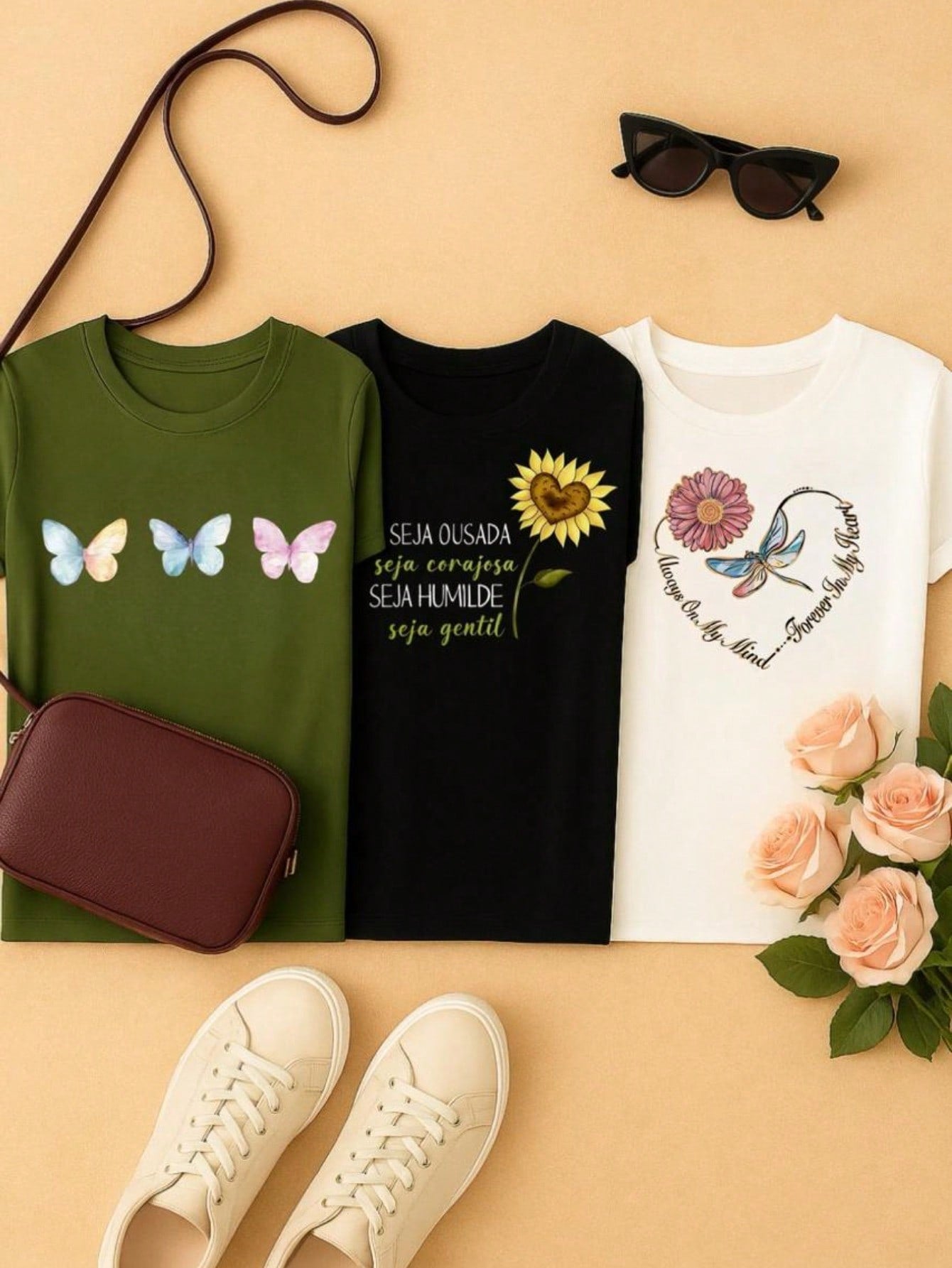 Kit 3 Camisetas Femininas Algodão Premium – Baby Look Estampada – P ao GG