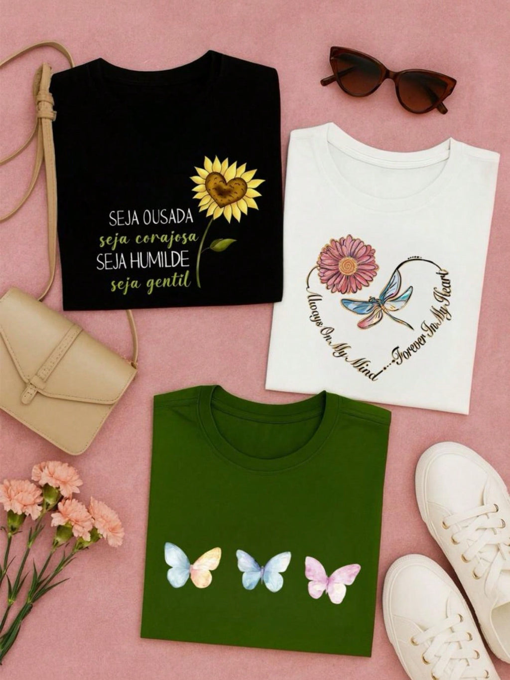 Kit 3 Camisetas Femininas Algodão Premium – Baby Look Estampada – P ao GG