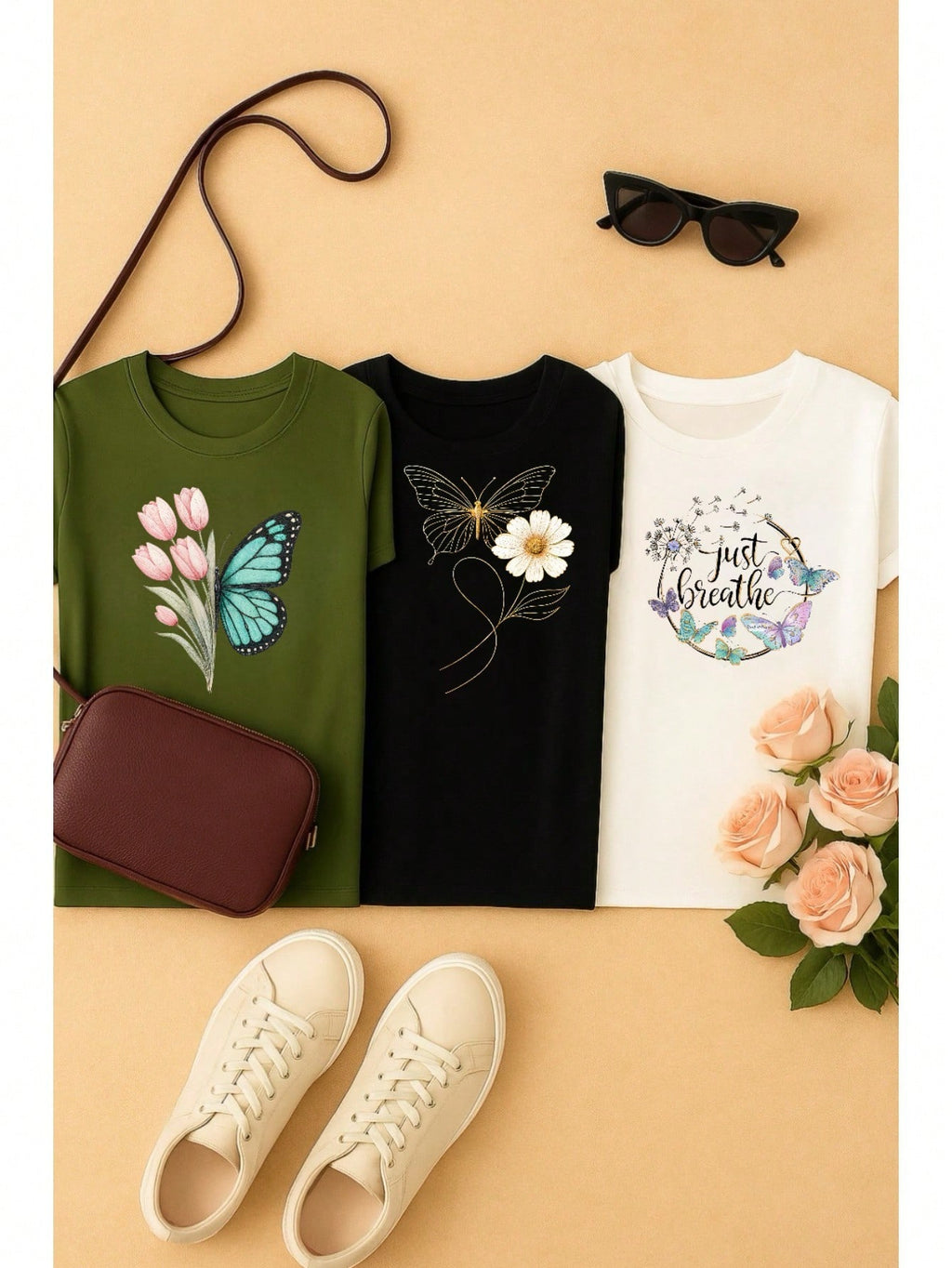 Kit 3 Blusas Femininas 100% Algodão Estampa Borboleta Floral Casual