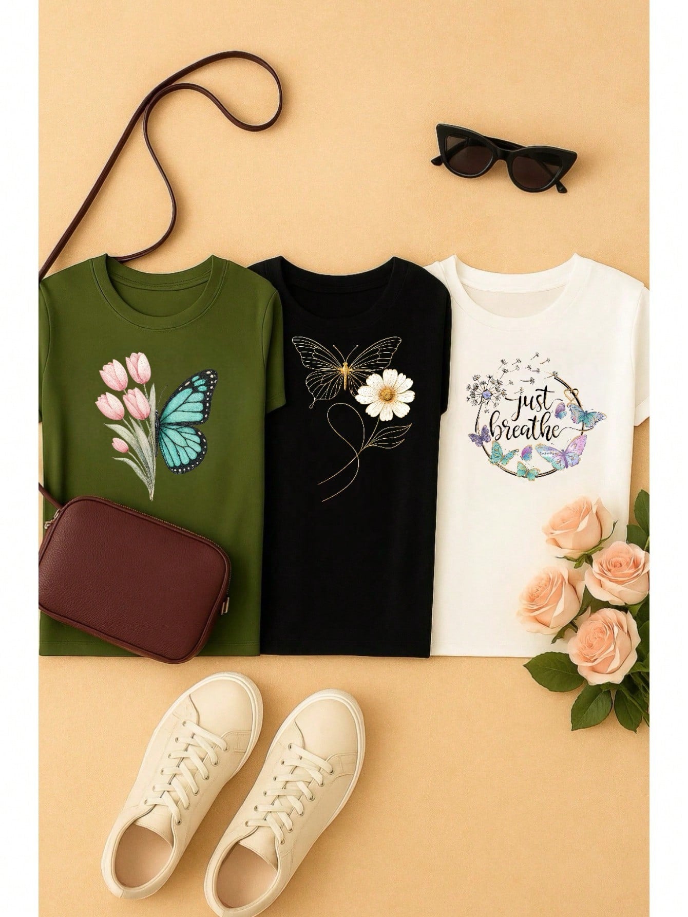 Kit 3 Blusas Femininas 100% Algodão Estampa Borboleta Floral Casual