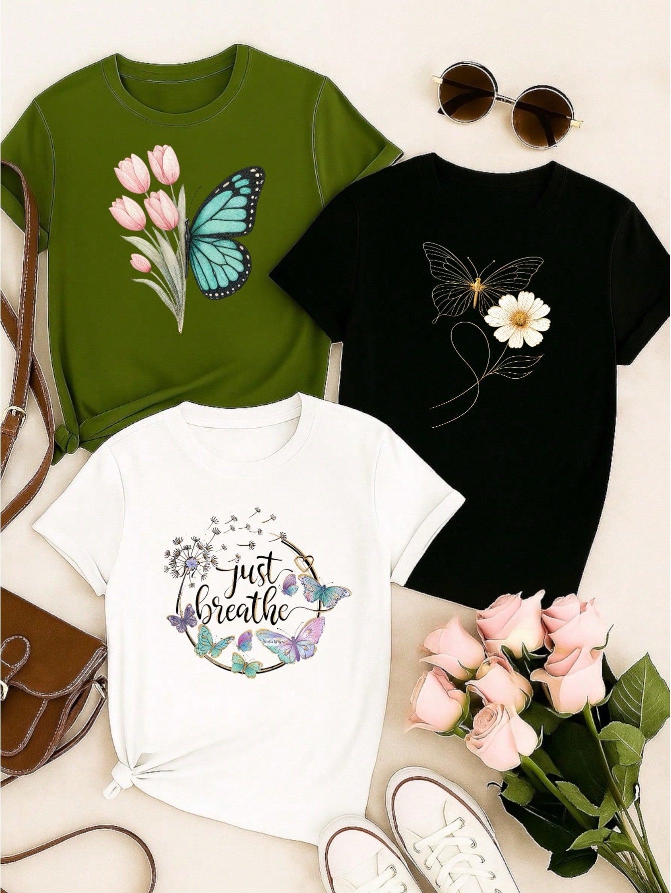 Kit 3 Blusas Femininas 100% Algodão Estampa Borboleta Floral Casual