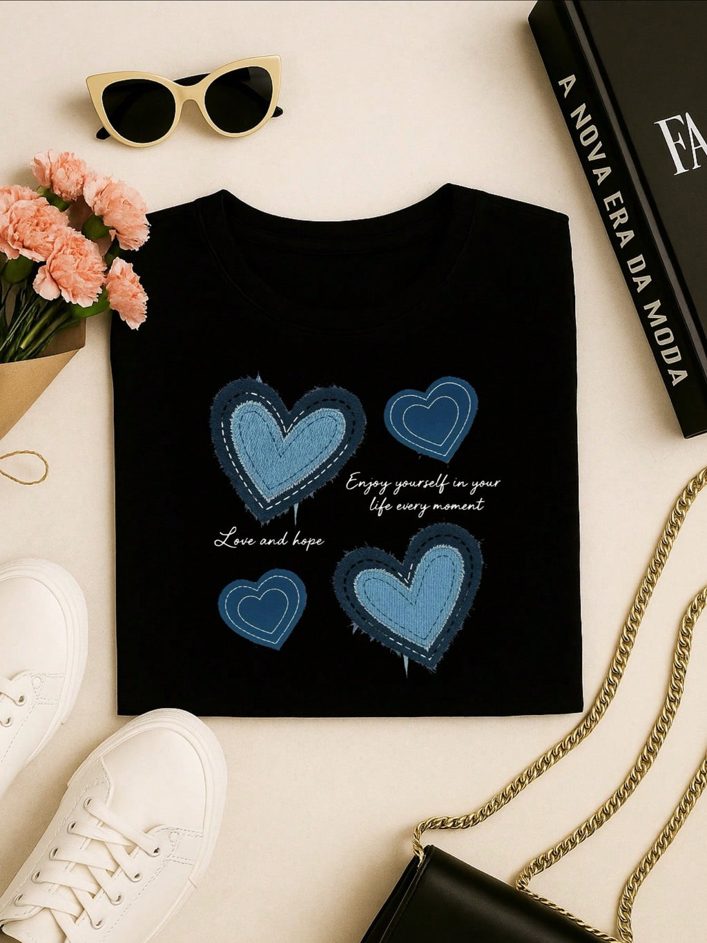 Blusa Feminina 100% Algodão Estampa Coração Love and Hope Casual Babylook TShirt