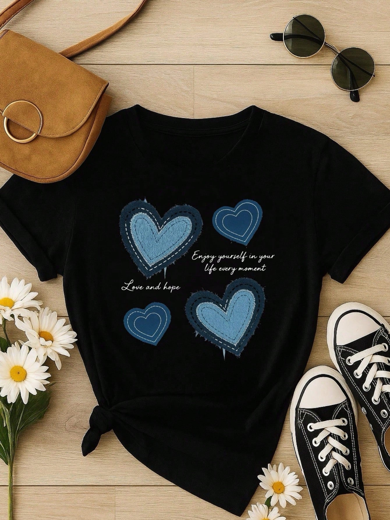 Blusa Feminina 100% Algodão Estampa Coração Love and Hope Casual Babylook TShirt
