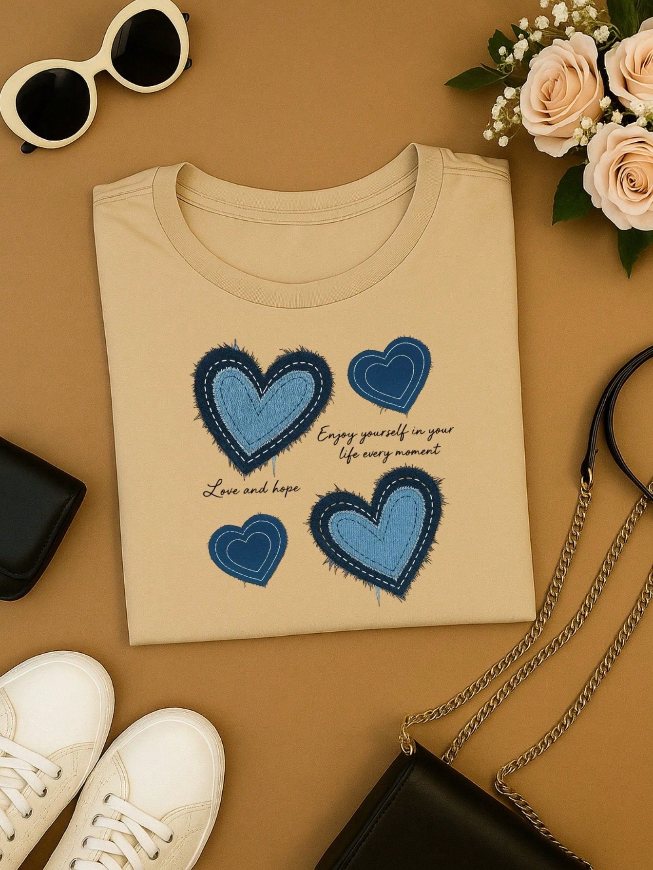 Blusa Feminina 100% Algodão Estampa Coração Love and Hope Casual Babylook TShirt
