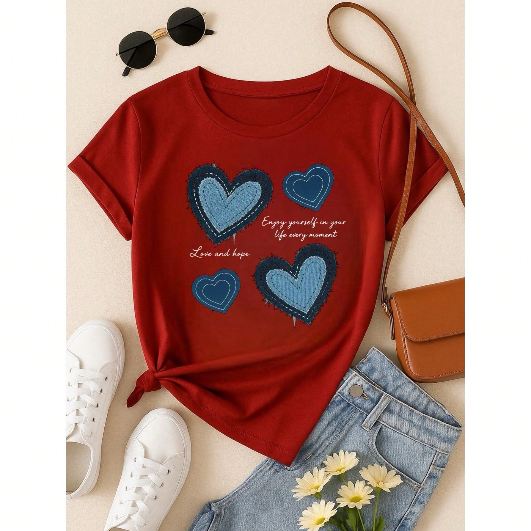 Blusa Feminina 100% Algodão Estampa Coração Love and Hope Casual Babylook TShirt