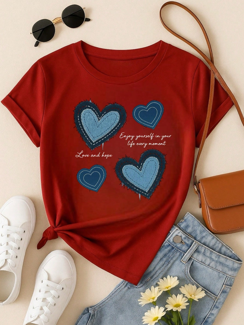 Blusa Feminina 100% Algodão Estampa Coração Love and Hope Casual Babylook TShirt