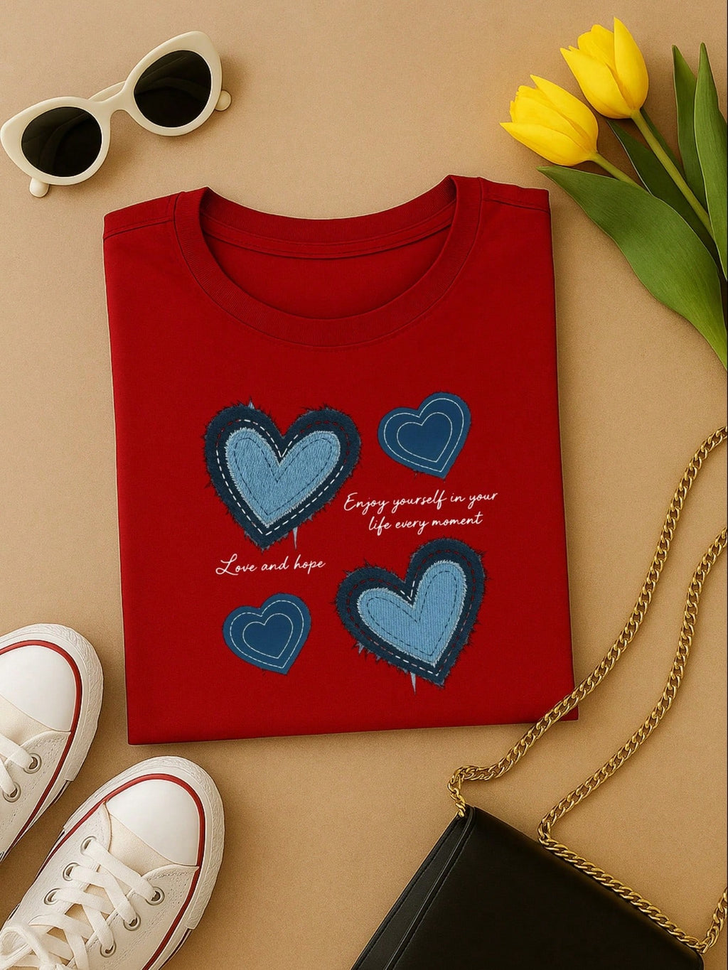 Blusa Feminina 100% Algodão Estampa Coração Love and Hope Casual Babylook TShirt