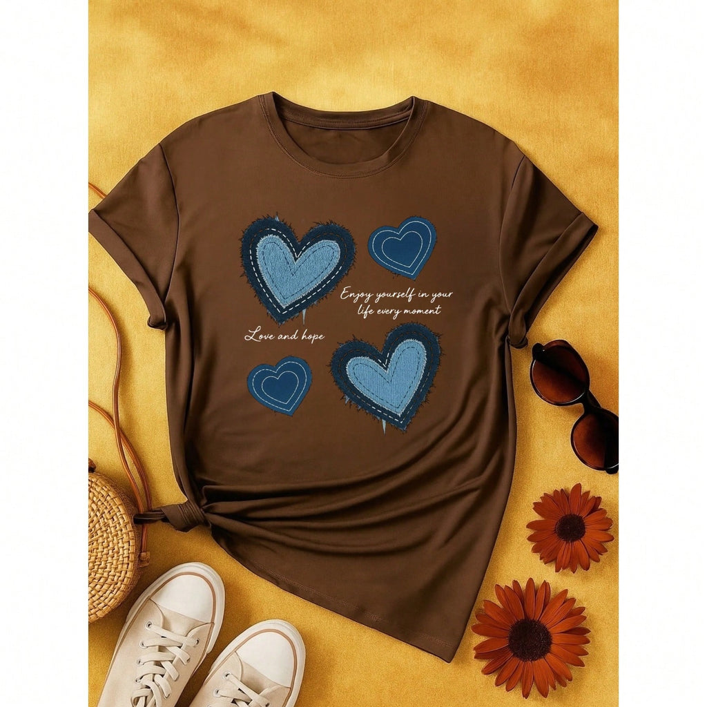 Blusa Feminina 100% Algodão Estampa Coração Love and Hope Casual Babylook TShirt
