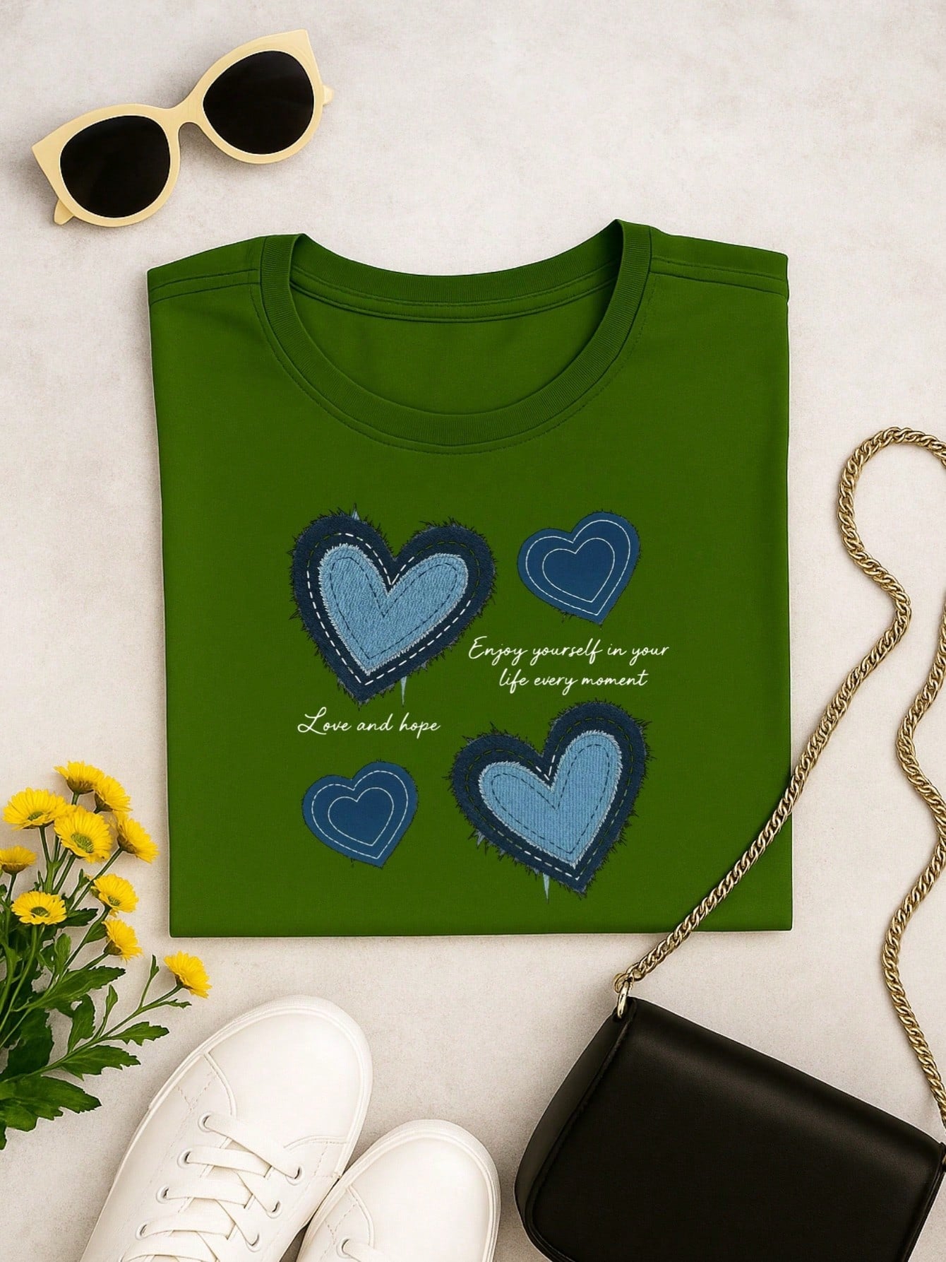 Blusa Feminina 100% Algodão Estampa Coração Love and Hope Casual Babylook TShirt