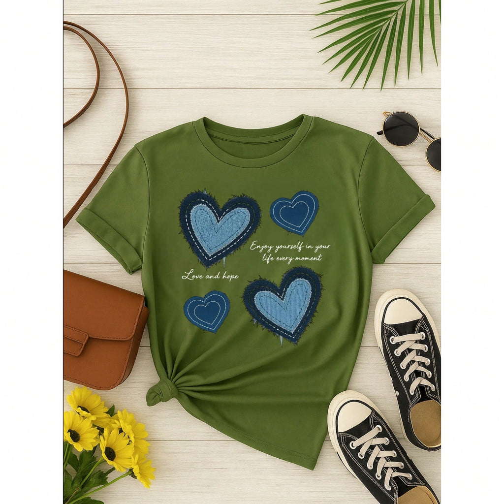 Blusa Feminina 100% Algodão Estampa Coração Love and Hope Casual Babylook TShirt