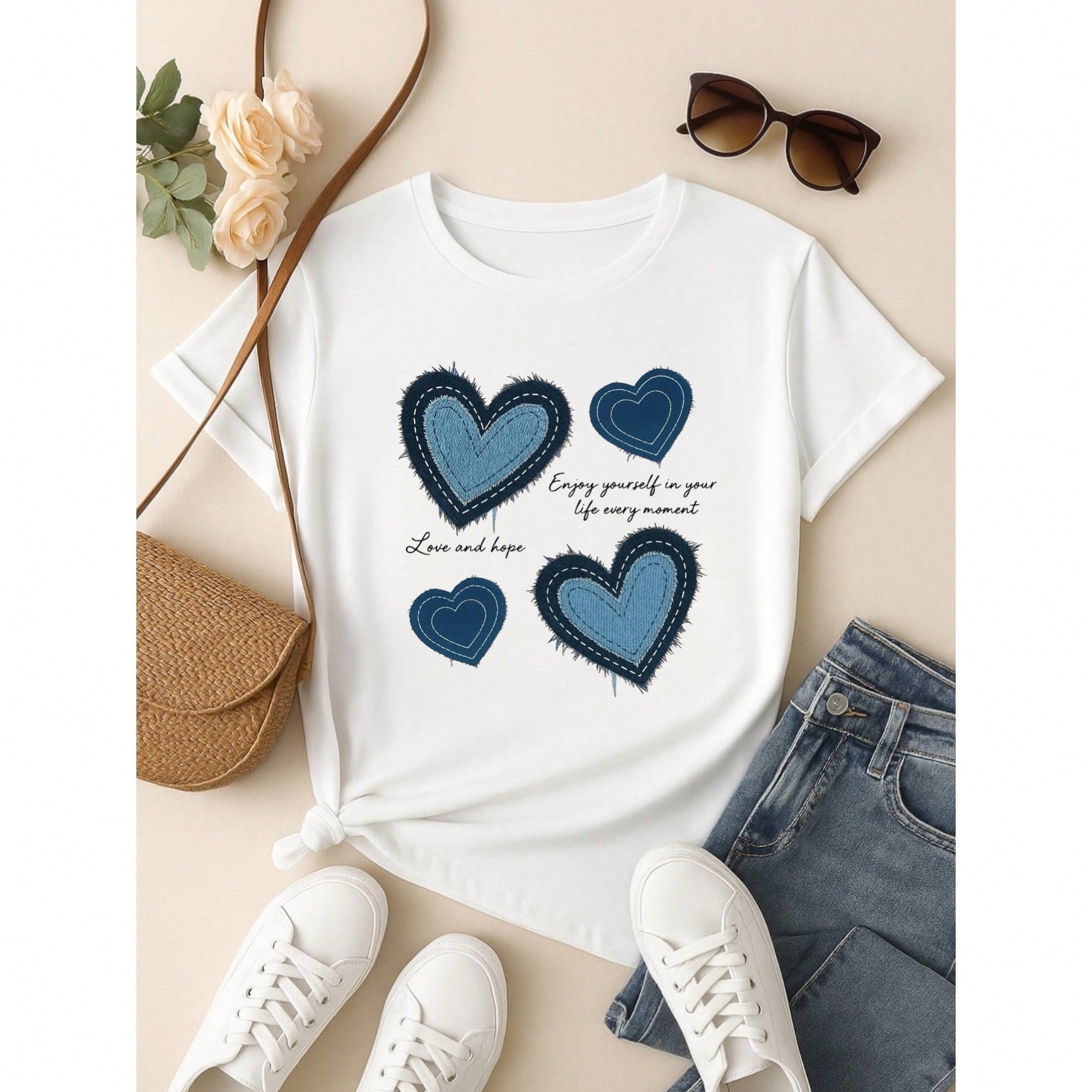 Blusa Feminina 100% Algodão Estampa Coração Love and Hope Casual Babylook TShirt