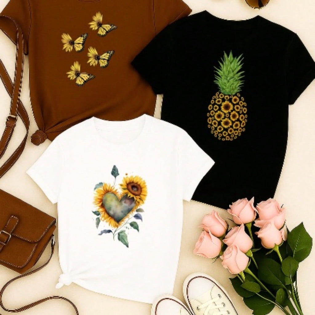 Kit 3 Blusas Femininas 100% Algodão Estampa Girassol Borboleta Abacaxi | Baby Look | P ao GG