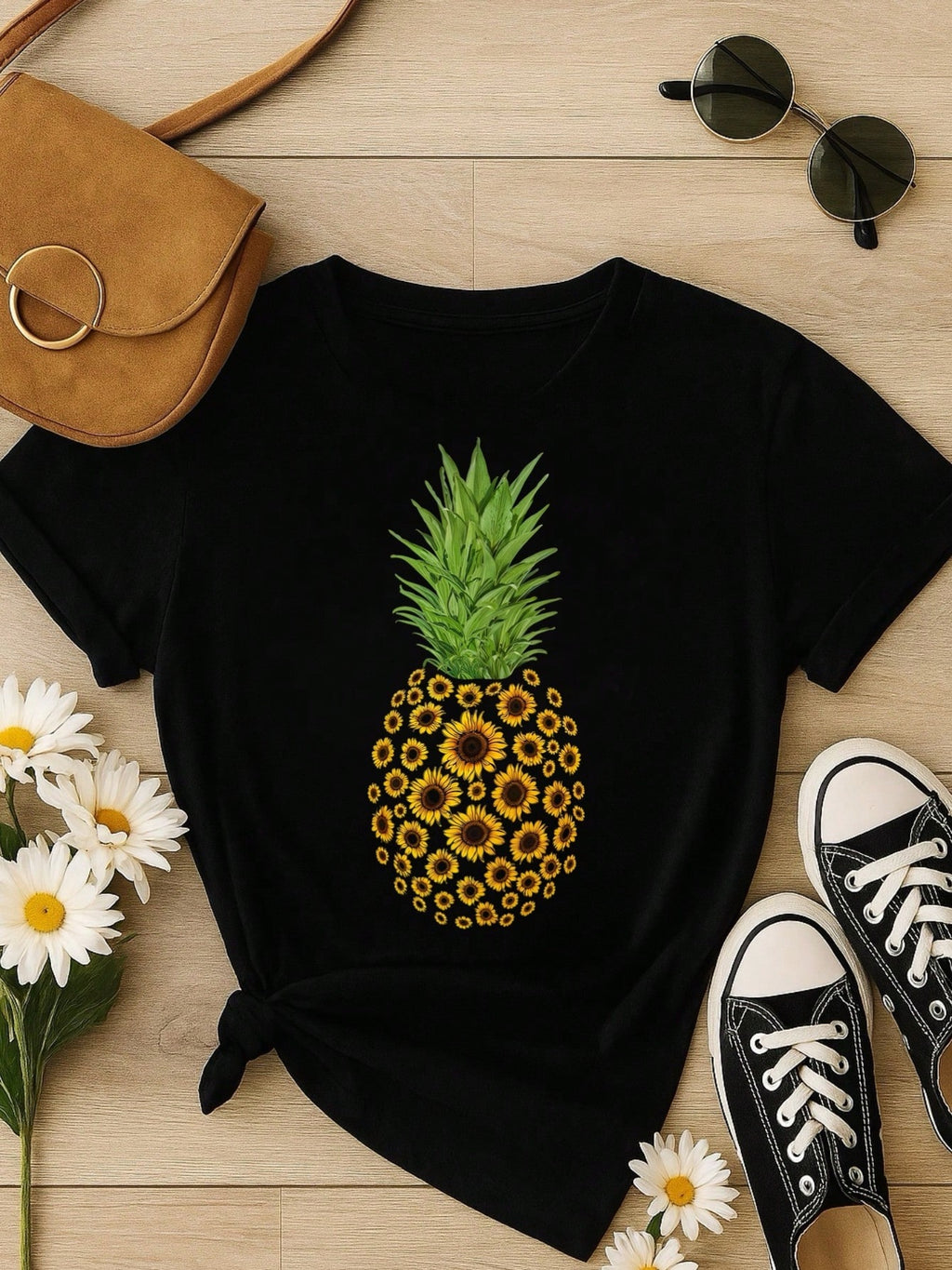 Kit 3 Blusas Femininas 100% Algodão Estampa Girassol Borboleta Abacaxi | Baby Look | P ao GG