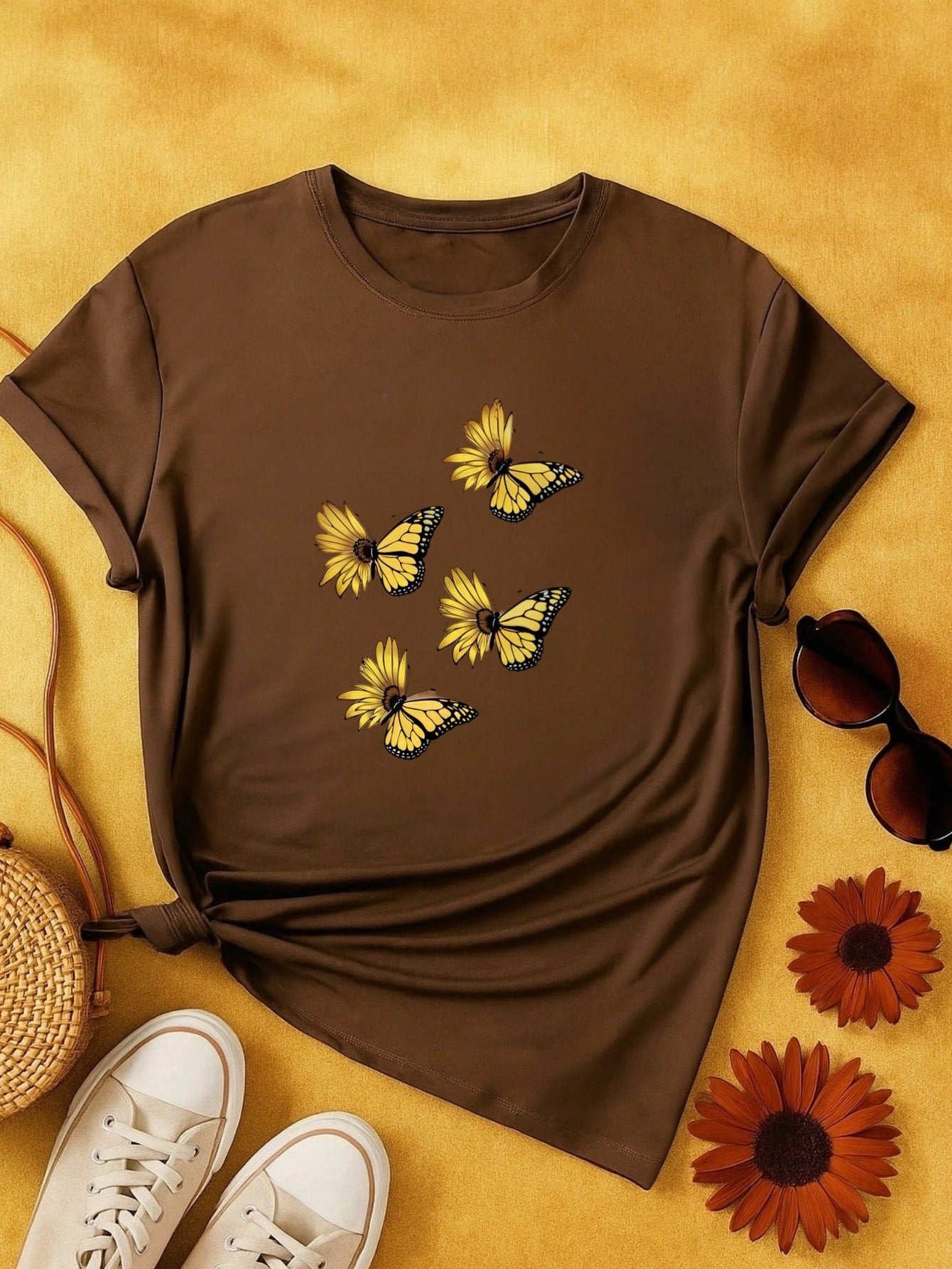 Kit 3 Blusas Femininas 100% Algodão Estampa Girassol Borboleta Abacaxi | Baby Look | P ao GG