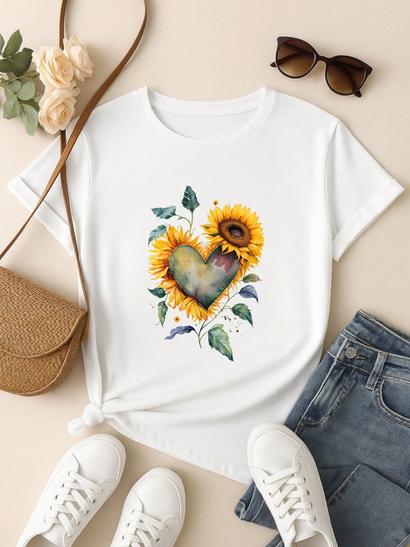 Kit 3 Blusas Femininas 100% Algodão Estampa Girassol Borboleta Abacaxi | Baby Look | P ao GG