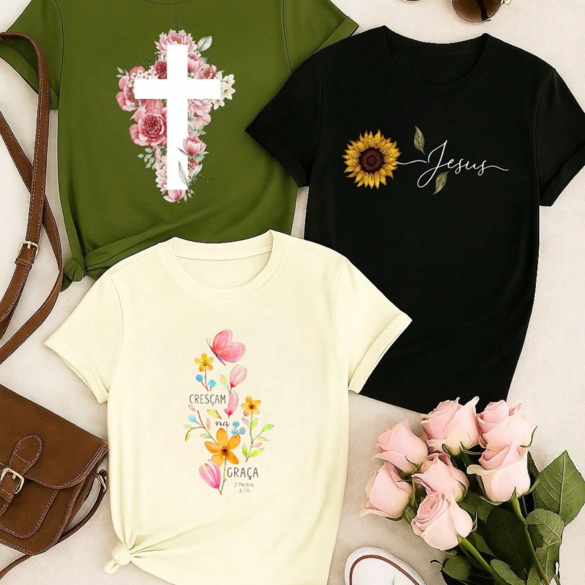 3 Blusas Femininas 100% Algodão Estampa Fé Floral Baby Look | P ao GG