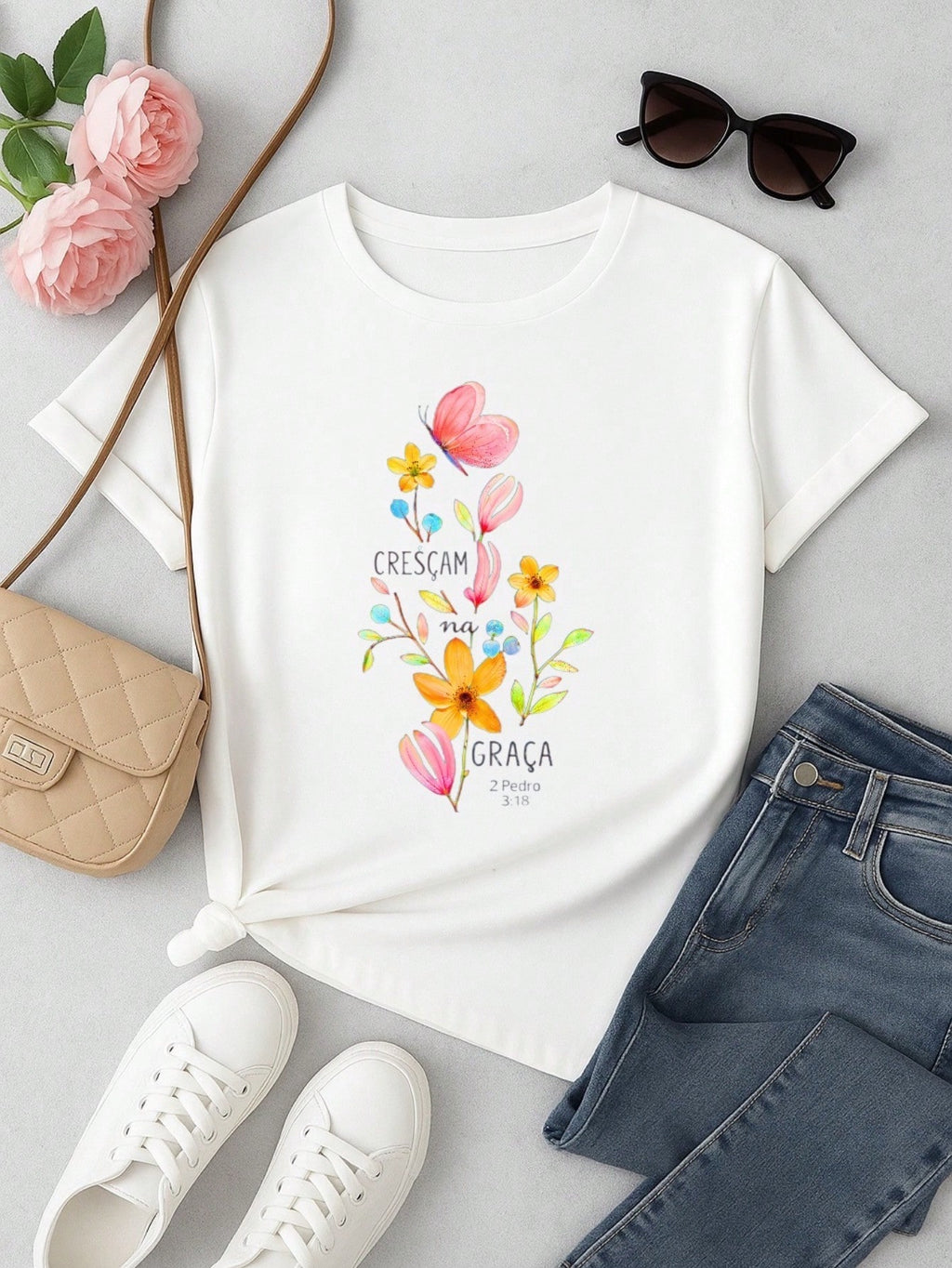 3 Blusas Femininas 100% Algodão Estampa Fé Floral Baby Look | P ao GG