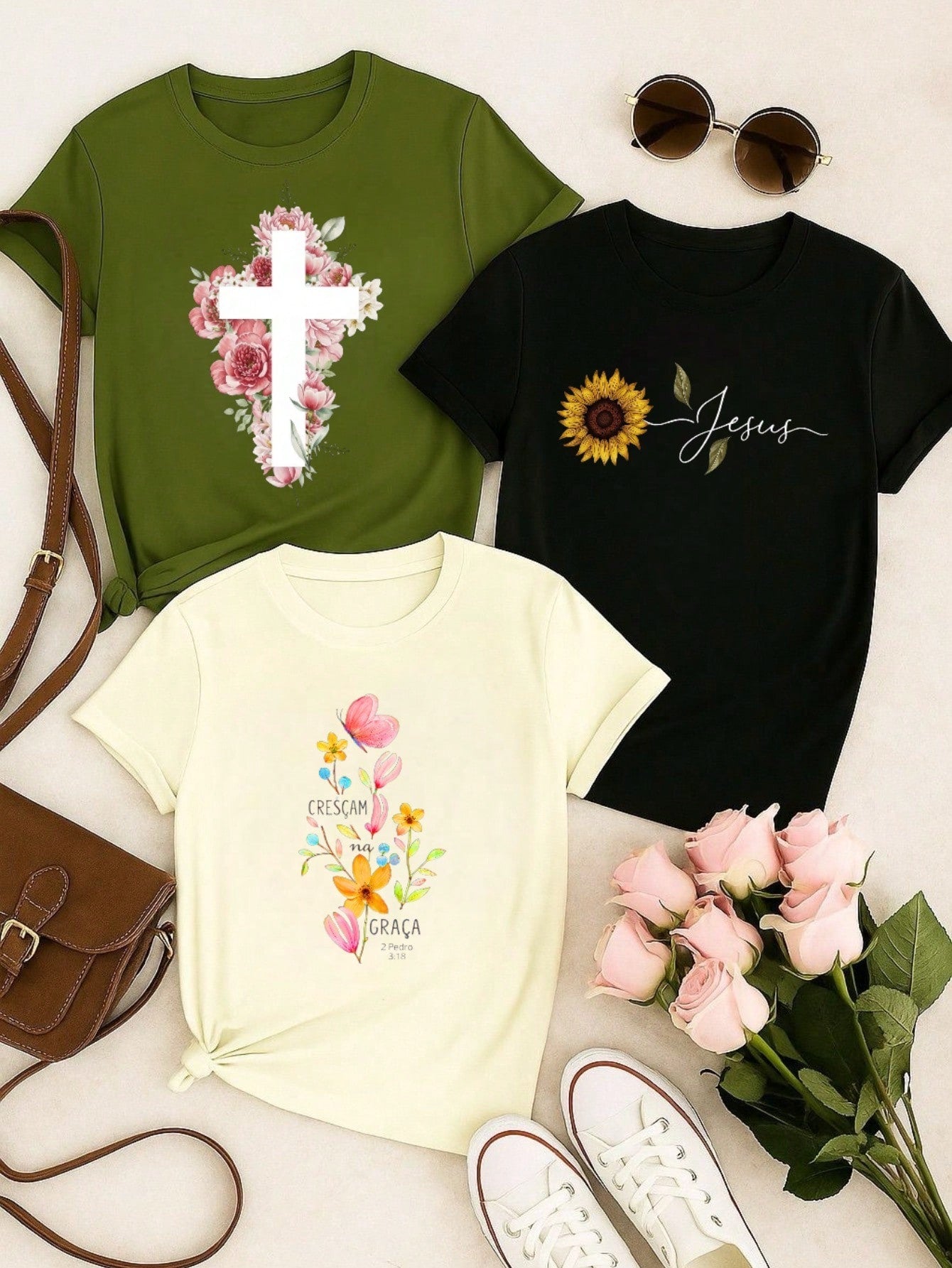 3 Blusas Femininas 100% Algodão Estampa Fé Floral Baby Look | P ao GG