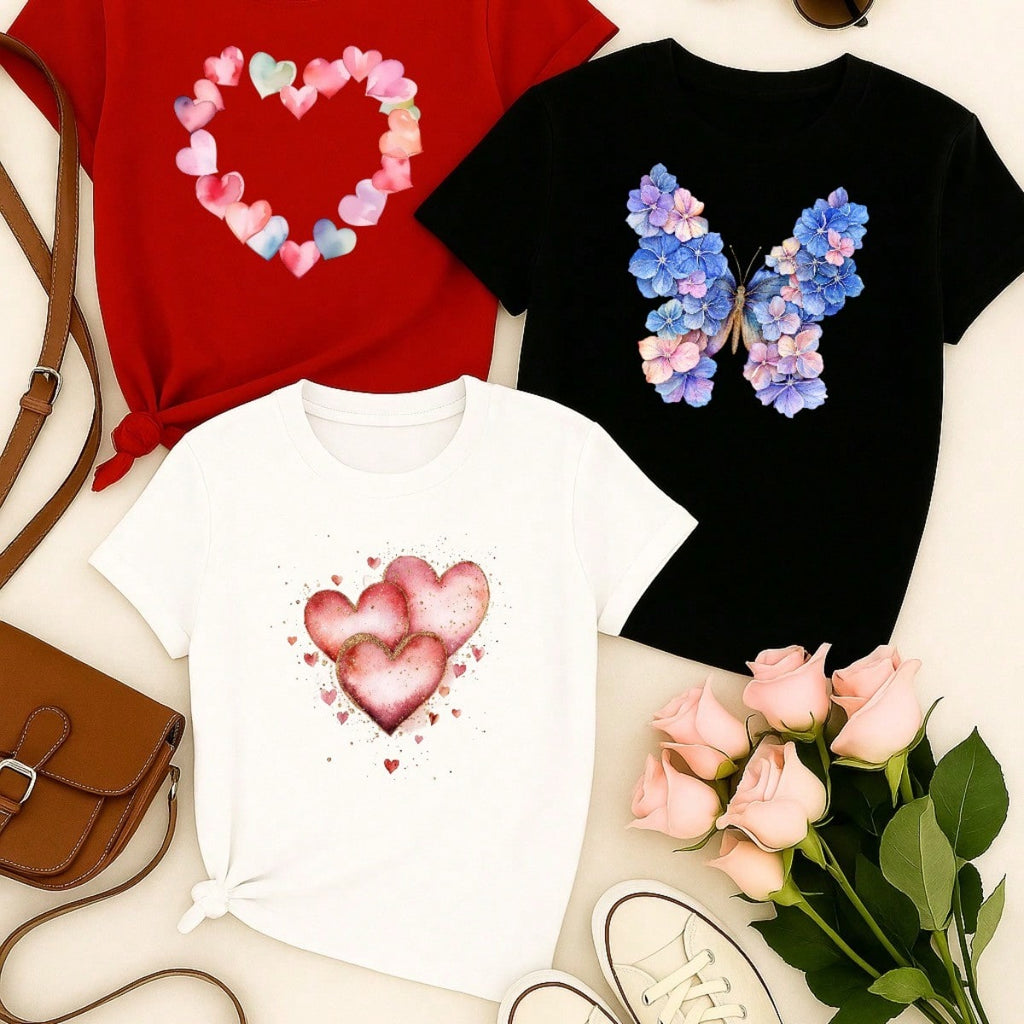 Kit 3 Blusas Femininas 100% Algodão Estampa Coração e Borboleta Floral | Baby Look | P ao GG