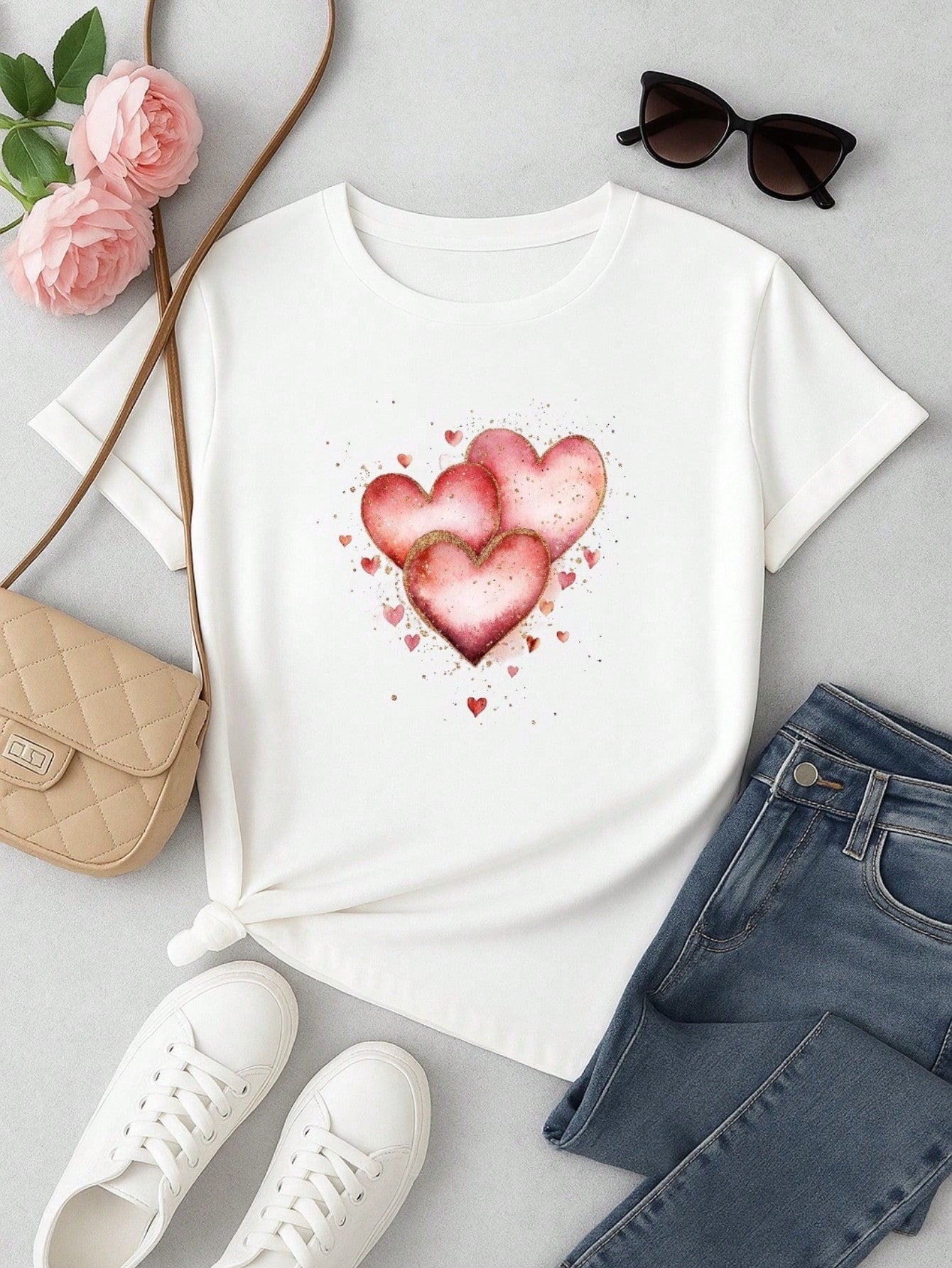 Kit 3 Blusas Femininas 100% Algodão Estampa Coração e Borboleta Floral | Baby Look | P ao GG