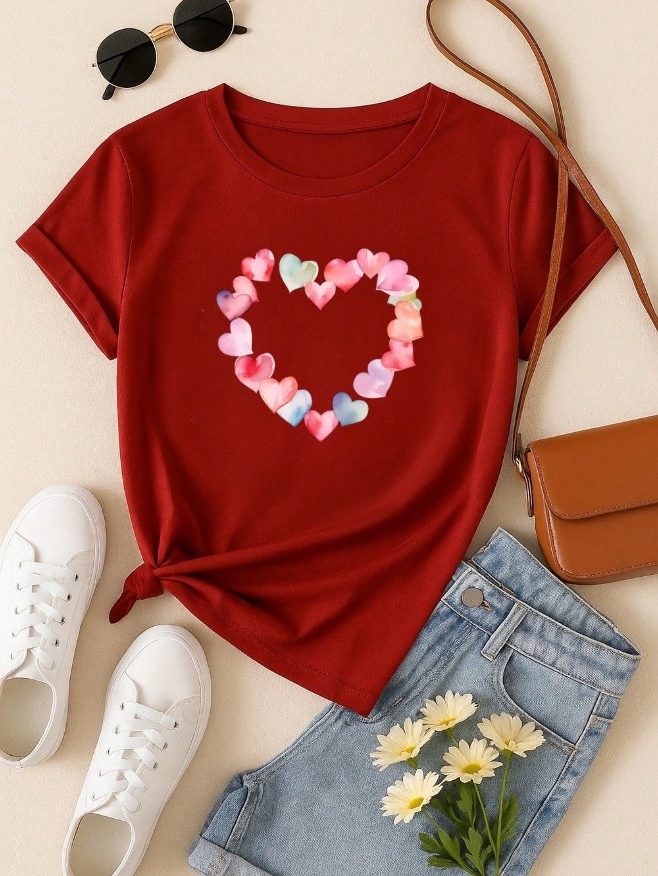 Kit 3 Blusas Femininas 100% Algodão Estampa Coração e Borboleta Floral | Baby Look | P ao GG