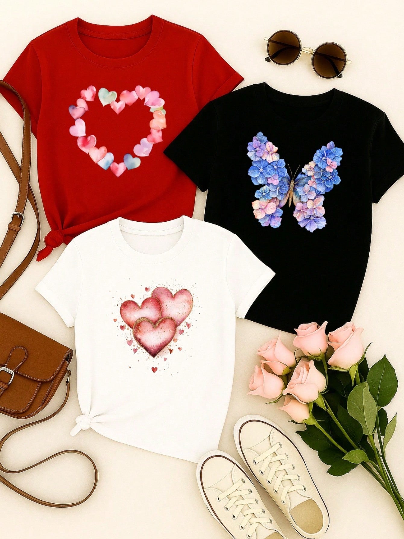 Kit 3 Blusas Femininas 100% Algodão Estampa Coração e Borboleta Floral | Baby Look | P ao GG