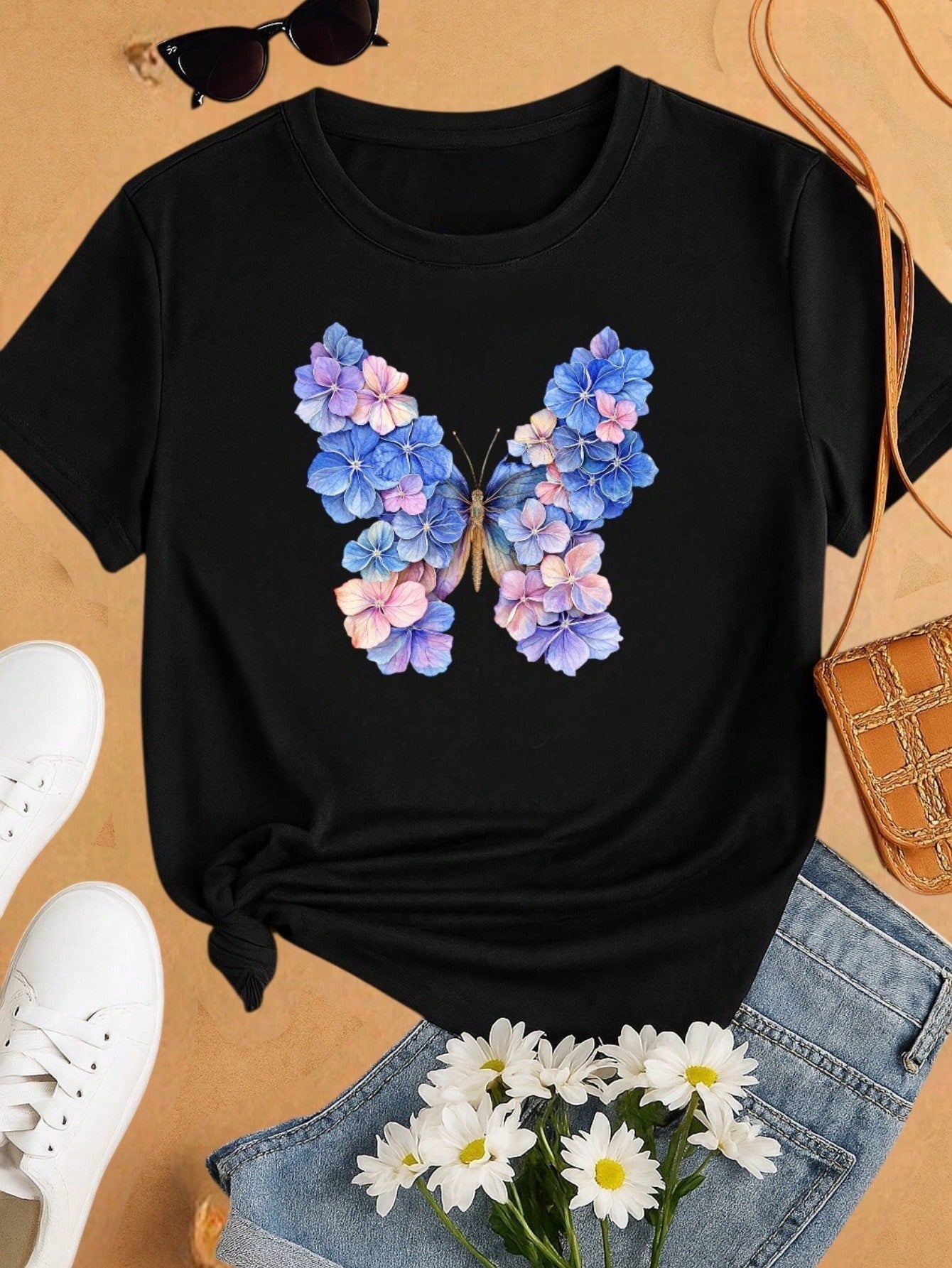 Kit 3 Blusas Femininas 100% Algodão Estampa Coração e Borboleta Floral | Baby Look | P ao GG