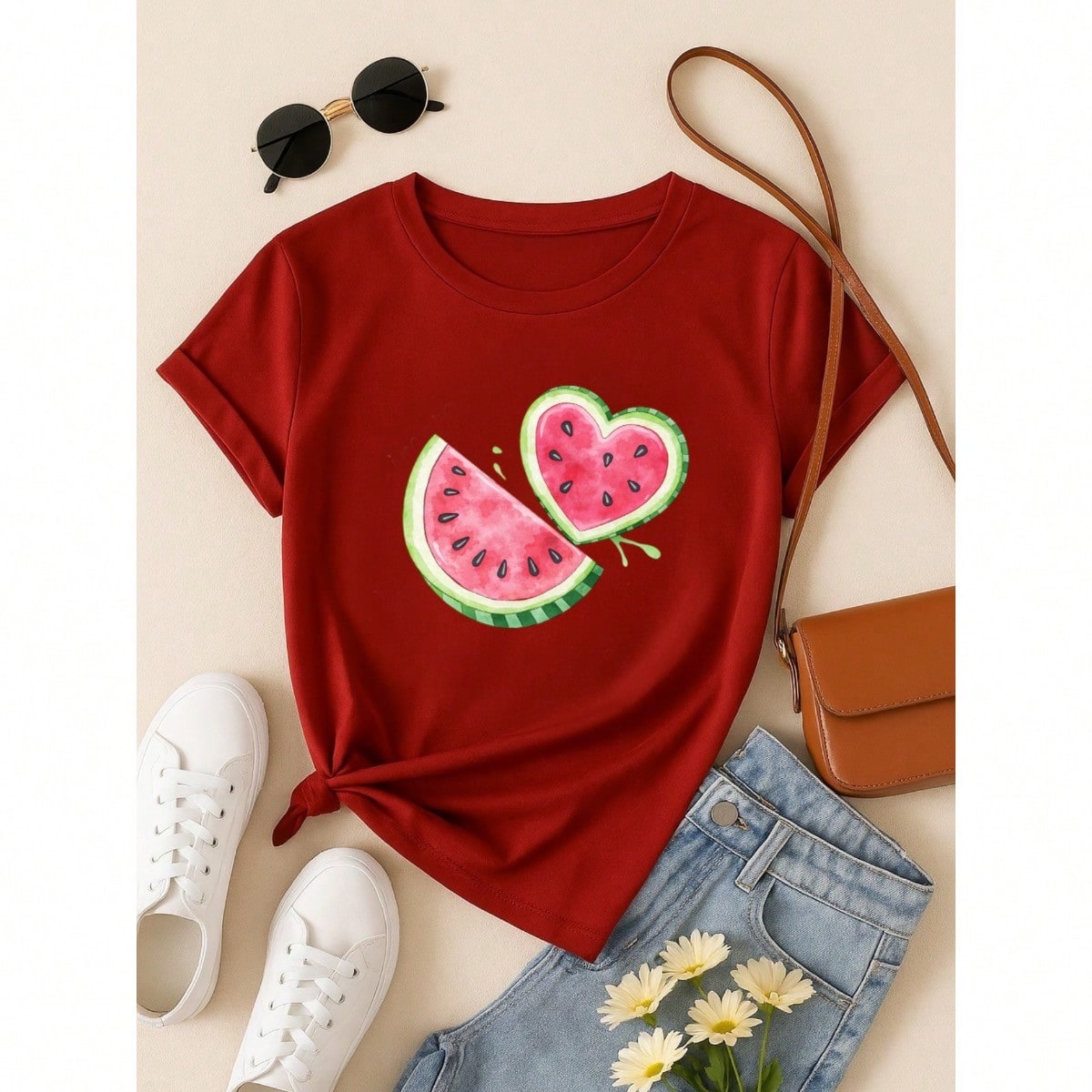 Blus  Feminina 100% Algodão Estampa Melancia Coração | Baby Look | P ao GG