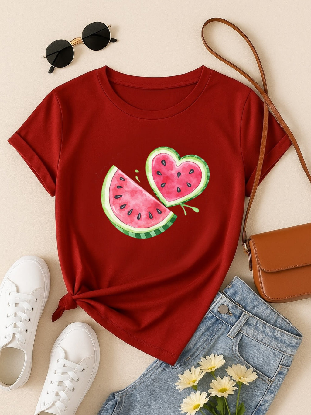 Blus  Feminina 100% Algodão Estampa Melancia Coração | Baby Look | P ao GG