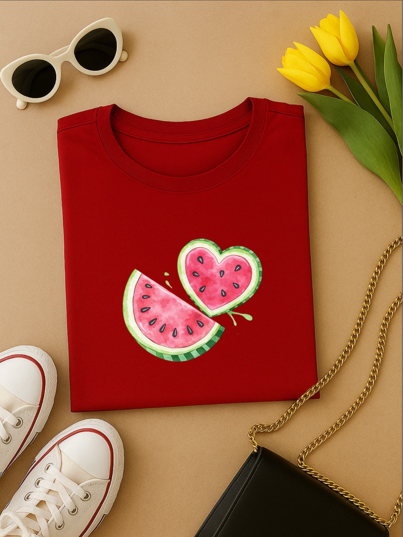 Blus  Feminina 100% Algodão Estampa Melancia Coração | Baby Look | P ao GG