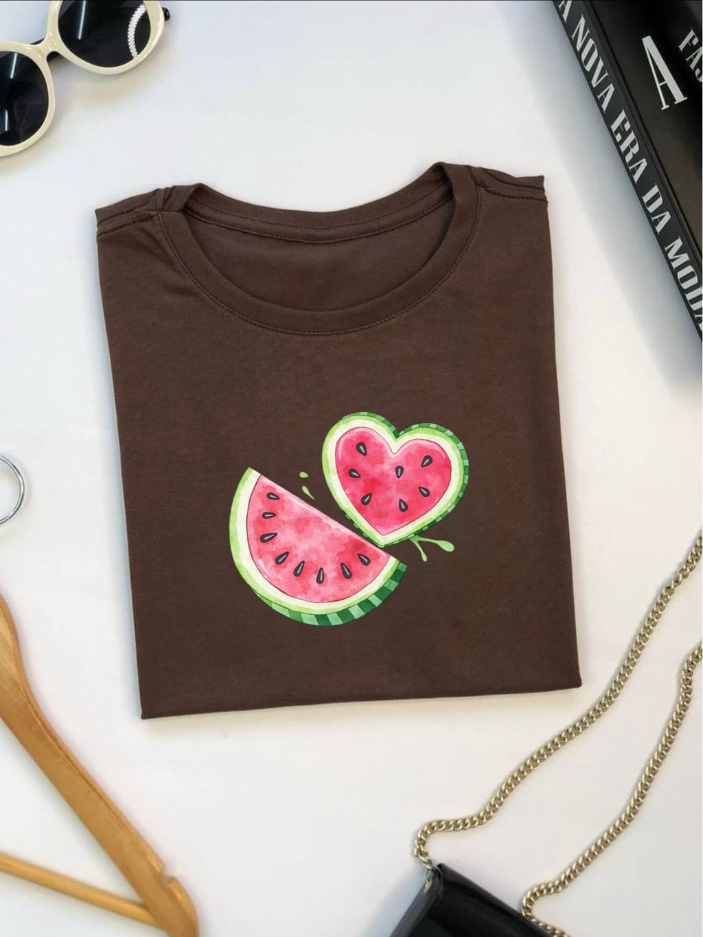 Blus  Feminina 100% Algodão Estampa Melancia Coração | Baby Look | P ao GG